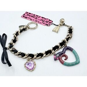 Rare Vintage Betsey Johnson Whimsigoth Heart & Snake Charm Bracelet Ribbon Chain